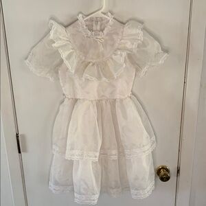 Vintage Merry Girl white ruffle dress with flocked Swiss dot & flowers Size 8